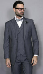 Classic Fit Suit Mens Charcoal Double Breasted Suit - 100% Percent Wool Fabric Suit - Worsted Wool Business Suit