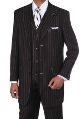 Men's Classic Bold Chalk Gangster Stripe 3 Button Pinstripe Suit Black