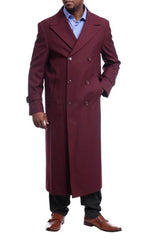 Men's Full Length Overcoat Burgundy Wool Double Breasted Trench Coat