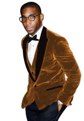 Light Brown Tuxedo - Velvet Fabric Dinner Jacket - Men's Blazer With Matching Bowtie