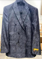 Men's Fancy Paisley Floral Black Men's Double Breasted Suits Jacket Blazer Sport Coat Jacket - Black