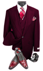 Mens Urban Dark Burgundy Suit - Double Breasted Vest Pleated Pants