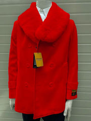 Mens Pea coats With Fur Collar - Red Peacoats