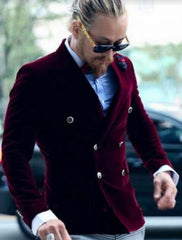 Burgundy Double Breasted Velvet Blazer - Velvet Sport Coat