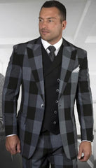 Big and Tall Plaid Suits - Vested Suit For Big Man Black