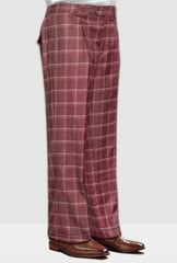 Mens Pant - Wide Leg Plaid Slacks - Brick - 100% Percent Wool Fabric