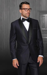 Indigo Shiny Tuxedo Vested Suit - Sateen Sharkskin Fabric Groom Suit