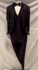 Mens One Button Shawl Lapel Suit Burgundy