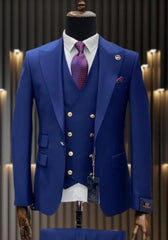 Rossiman Brand Royal Blue Suits - 1 Button Suit Peak Lapel Double Breasted Vest