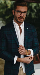 Mens Green Plaid Blazer - Business Blue Checkered Sport Coat