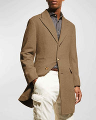 Mens Carcoat - Beige Three Quarter Peak Lapel Topcoat