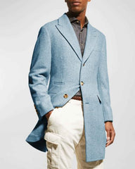 Mens Carcoat - Light Blue Three Quarter Peak Lapel Topcoat