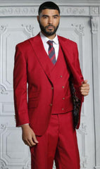 Mens Suits With Double Breasted Vest - Ruby Red Peak Lapel Suits - Ticket Pocket - With Gold Buttons - Slim Fitted