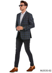 Charcoal Grey With Blue Windowpane Sport Coat - Gray Plaid Blazer