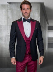 Statement Fashion Tuxedo Suit Mens Burgundy Black Trendy Tux