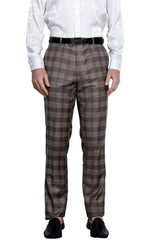 Mens Flat Front Pants - Plaid Pants - Slim Fit Pants - Windowpane Pant - Coffee