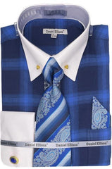 Mens Blue Tone on Tone Check Printed Dress Shirt