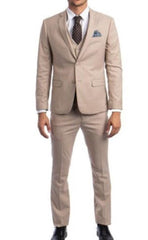 Mens Tan Beige 3 Piece 2 Button Ultra Slim Fit Suit