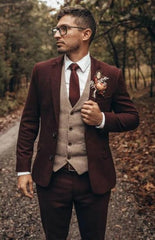 Groomsmen Tweed Suit - Maroon Herringbone Western Suit