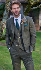 SKU#JA60784 Groomsmen Tweed Suit - Green Herringbone Western Suit