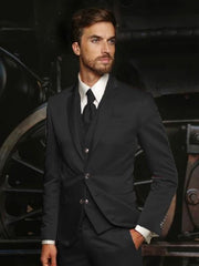 Mens Shiny Blazer - Black Sateen Vested Suit