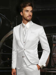 SKU#JA61678 Mens Shiny Blazer - White Sateen Vested Suit