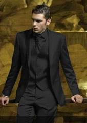 SKU#JA61710 Mens Shiny Blazer - Black Sateen Vested Suit