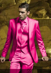 SKU#JA61711 Mens Shiny Blazer - Hot Pink Sateen Vested Suit