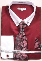 Burgundy Pin Collar Dress Shirt With Collar Bar