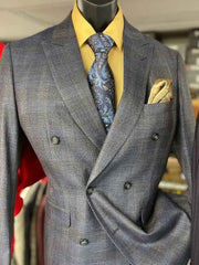 Mens Six Button Peak Lapel Double Breasted Gray Suit