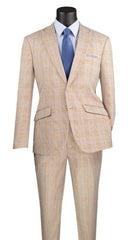 Plaid Suits - Windowpane Beige Suit - Peak Lapel Style