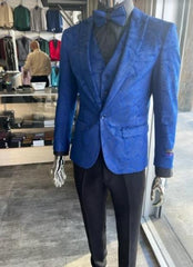 Mens Prom Tuxedo Paisley Suit - Wedding Floral Suit- Royal Blue - Indigo Wedding Jacket + Vest + Pants