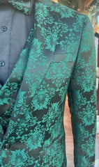 Mens Prom Tuxedo Paisley Suit - Wedding Floral Suit- Hunter - Emerald Green Wedding Jacket + Vest + Pants