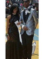 Silver And Black Paisley Blazer - Silver Gray Prom Suit With Black Pants And Matching Bowtie