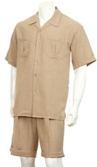 Mens Shorts Walking Suits Set Polyester Beige