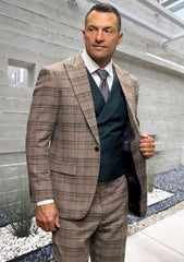 Athletic Suit - Jade Windowpane - Plaid Suit Modern Fit Side Vented Super 150'S Wool Fabric