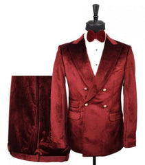 Burgundy Velvet Double Breasted Suits - Velvet Pants - Slim Fit Suit