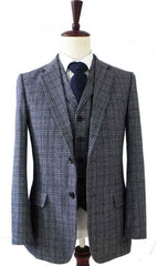 Mens Two Button Notch Label Tweed Plaid Suit Grey Blue