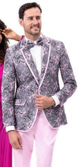 Mens Gray Pink Floral Prom Party Suit Tuxedo