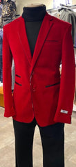 Red Velvet Tuxedo With Black Trim + Black Pants