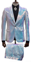 Mens 2 Button Slim Fit Shawl Lapel Sequin Suit White ~ Blue Iridescent