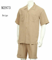 Mens 2-piece Spring - Summer Casual Short Sleeve Shirt Set - Walking Suit - Beige