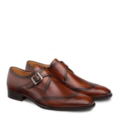 Mens Mezlan Forest Calfskin Wingtip Monk Strap Dress Shoe in Cognac