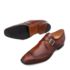 Mens Mezlan Forest Calfskin Wingtip Monk Strap Dress Shoe in Cognac