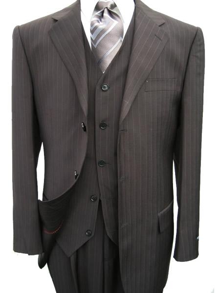 SKU# ZQ78 3 Piece Black Pinstripe Men's Vested 3 Button three piece ...