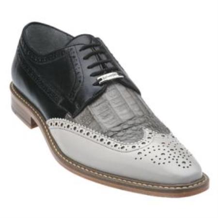 Belvedere Ciro Crocodile & Calfskin Wingtip Shoes Light Gray / Gray ...