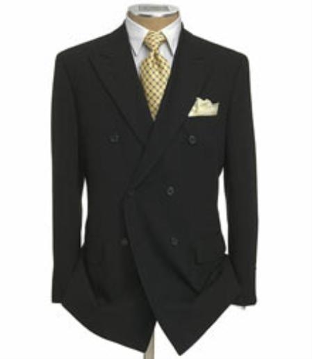 Men's Double Breasted Suit Jacket + Pleated Pants Super 140's 100% Wool Solid Black 