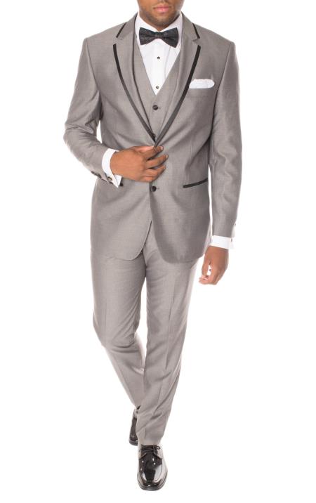 Groomsmen Suits Men's Grey And Black Trimmed  3 Piece Slim Fit Polyester Vested Tuxedo