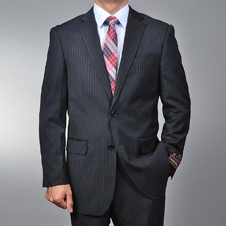 Men's Black Pinstripe 2-button Stripe ~ Flat Front Pants Regular Fit Cheap Priced Business Suits Clearance Sale