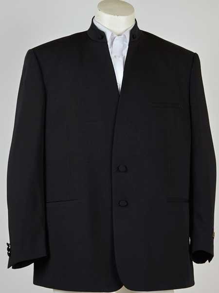 Men's Mandarin Banded Collar Black 2 Button Blazer